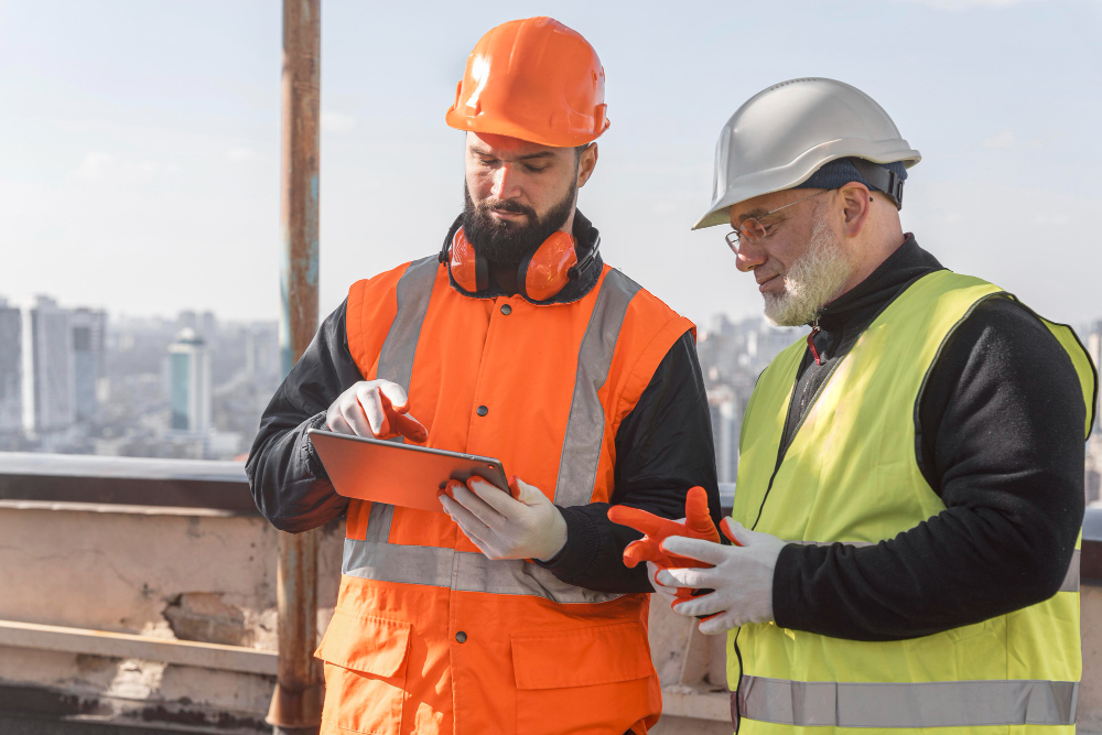 working men in high vis jackets looking at tablet